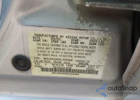 2005 Nissan Sentra 1.8S из США, поврежденный, VIN 3N1CB51D35L551462